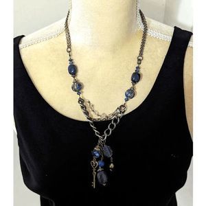 Antiqued gold tone chain necklace glass beads charms in tones blue gray 26"